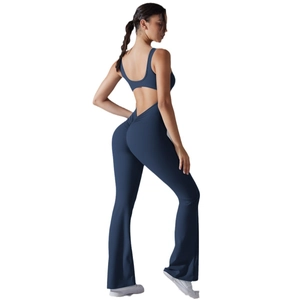 Slim fit backless yoga jumpsuit with flared legs and butt lifting design in navy blue