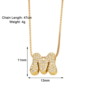 Detailed specs of gold 26-letter M necklace with zircon inlay and chain length
