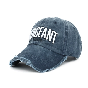 Washed navy cotton baseball cap with Sergeant Pepper 3D embroidery and distressed brim detail
