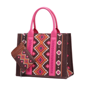 Ethnic bohemian tote bag in dark brown with vibrant pink handles and matching mini pouch