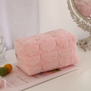 Pink plush cream cloud makeup bag with 3D heart pattern and soft zipper closure