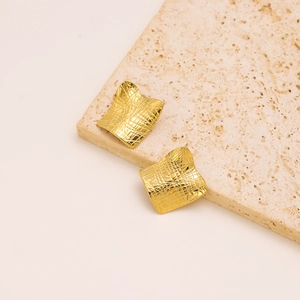 Irregular textured square gold earrings in geometric metal design for women