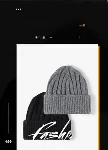 Close-up of ribbed knit texture on warm beanies in charcoal grey and black colors