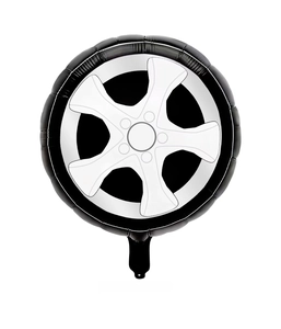Detailed view of an 18-inch black and white checkered racing tire foil balloon for parties