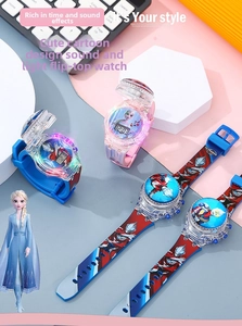 Detail of creative luminous kids flip watch with unicorn Elsa and Ultraman light effects