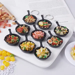 Realistic Miniature Food Frying Pan Keychain Simulation Chinese Fried Rice Noodles PVC Resin Bag Pendant Ornament