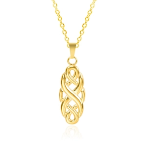 Golden stainless steel witch knot pendant necklace with fine chain on white background