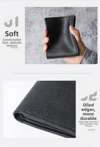 Close-up of flexible black leather wallet showing soft texture and durable edge stitching