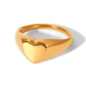 Detailed view of polished gold heart-shaped ring with minimalist smooth metal surface