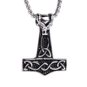 Viking Thor Hammer pendant with goat head engraving and stainless steel box chain