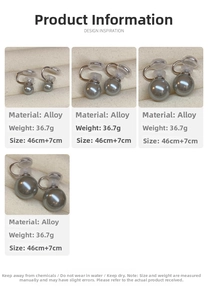 Detail view of elegant grey pearl ear cuffs in a jewelry box with product specifications