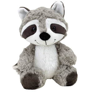 Cute plush raccoon stuffed animal toy in sitting pose with fluffy grey and brown fur