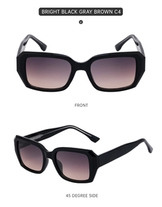 Front and 45-degree side view of black square sunglasses with grey-brown gradient lenses