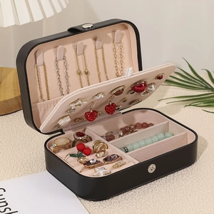 Portable double-layer jewelry box organizer for necklaces and rings in black PU leather