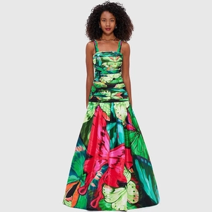 Women's butterfly floral print maxi dress with ruched waist and tropical pattern