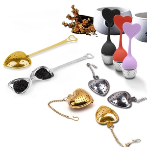 Heart shaped stainless steel tea infuser with handle and chain in gold and silver