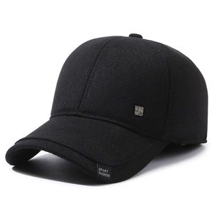 Men's winter warm baseball cap with ear flaps and metal logo on a black twill fabric