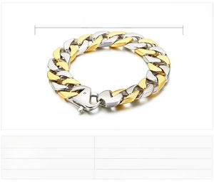 Detail view of two-tone stainless steel Cuban chain bracelet with 220mm length specifications