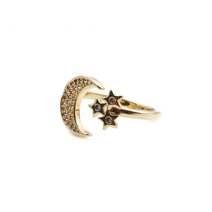 Minimalist gold adjustable moon and star open ring featuring sparkling zircon stones