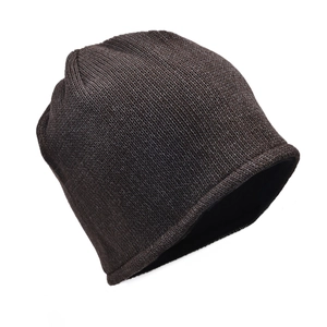 Detail of dark brown winter beanie showing thick knit texture and soft fleece lining inside