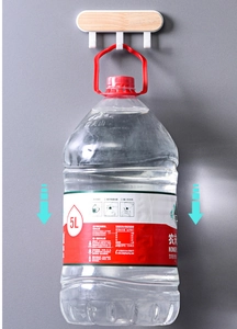 Detail showing high weight-bearing capacity of wall-mounted wood grain hooks holding 5L bottle