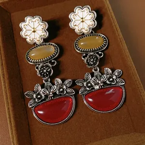 Flower Dangle Earrings Alloy Resin Stones Silver Earring Post Vintage Bohemian Style Elegant Retro Jewelry For Women
