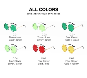 Matrix display of clover-shaped novelty glasses with colorful lenses and metal frames