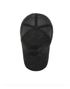Top down view of camouflage baseball cap with breathable mesh and black camo print