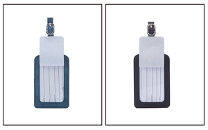 Detail showing peacock blue and black PU leather luggage tags with adjustable metal buckles