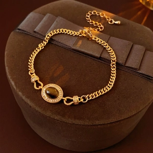 18K gold plated chain bracelet with oval tiger eye stone and crystal inlay