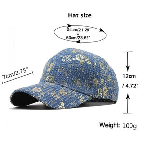 Denim base baseball cap with golden floral pattern and adjustable head size specs