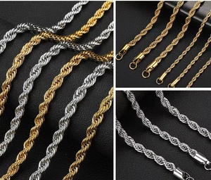 Detailed comparison of gold and silver twisted rope chains in various thicknesses on black leather