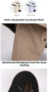 Détail d'un chapeau solaire avec masque respirant alvéolé et corde coupe-vent épaisse