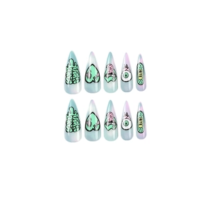 Handmade Halloween press-on nails featuring spooky brain and eye motifs in stiletto shape
