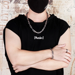 Men's silver punk stainless steel coffee bean chain necklace, bracelet and ring set