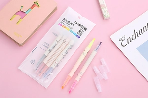 Detailed set of 6 dual-tip pastel highlighters for journaling and precise marking