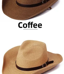 Detail view of woven straw cowboy hats in coffee and natural tan with leather bands