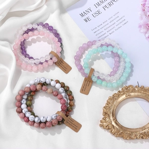 Three-piece multi-color gemstone bead bracelet set with natural agate and cat-eye stones