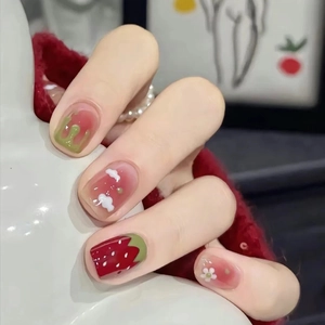 Faux Ongles Fraise Dessin Animé Translucide Court Brillant Doux Fleurs Nuages Femmes Faux Ongles