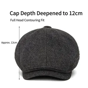 Dark grey wool newsboy cap with 12cm depth measurement and warm British retro design