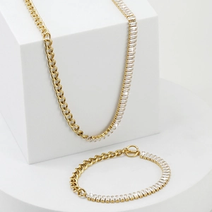Ensemble collier et bracelet en acier doré 18K avec chaîne tennis et maille gourmette