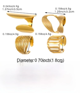 Size guide for gold teardrop rings showing weight, dimensions, and inner diameter specs