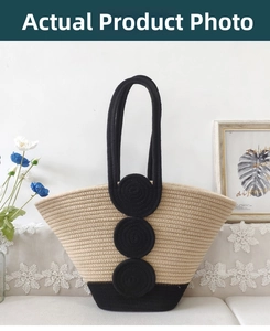 Detail of handwoven cotton rope tote bag with black decorative discs and contrast base