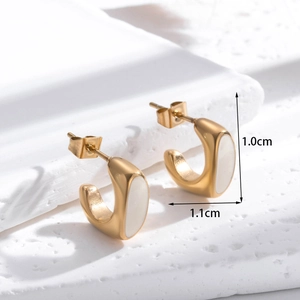 Gold-plated C-shaped stainless steel earrings with white oval inlay and size markings