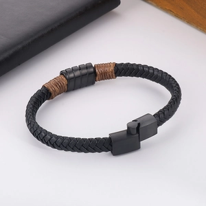 Men's minimalist black woven leather bracelet with stainless steel magnetic buckle