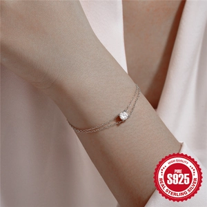 Elegant S925 sterling silver double-layer bracelet with a round zircon stone on wrist