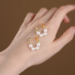 Elegant S925 sterling silver beaded hoop earrings with five round white pearls for women