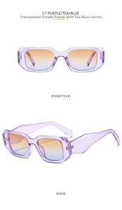 Detail view of square transparent purple sunglasses with gradient lenses in C7 colorway