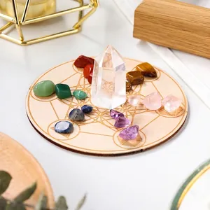 Natural Healing Crystal Chakra Stones With Clear Quartz Point And Engraved Wood Plate For Meditation Yoga Home Decor