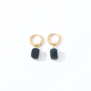 Geometric natural stone gold hoop earrings featuring vintage deep blue rectangular charms